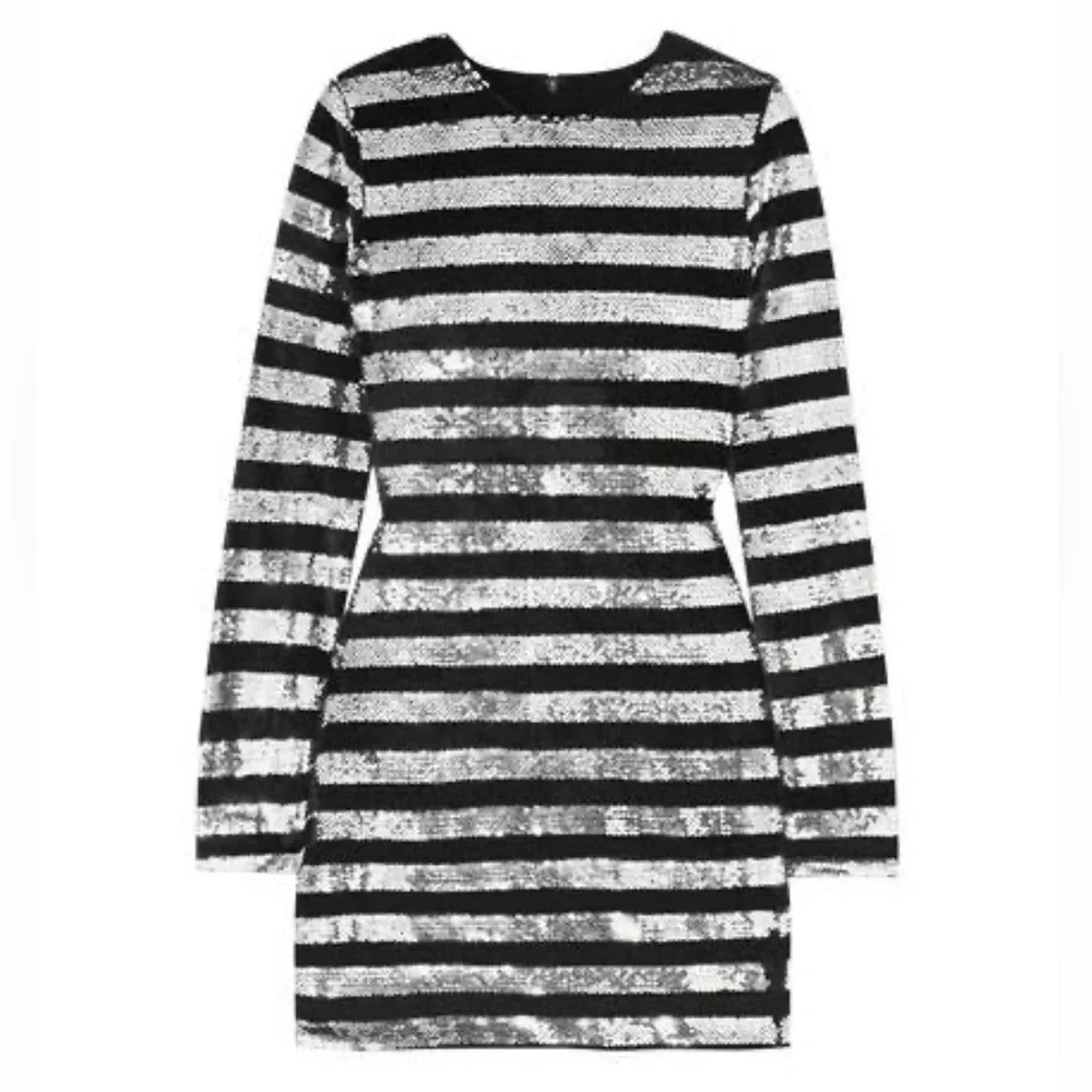 RtA Silver Sequin and Black Velvet Striped Lomg Sleeve Bodycon Mini Dress